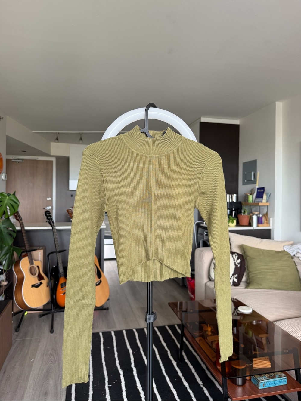 Garage Olive Green Ribbed Mock Neck Long Sleeve Top